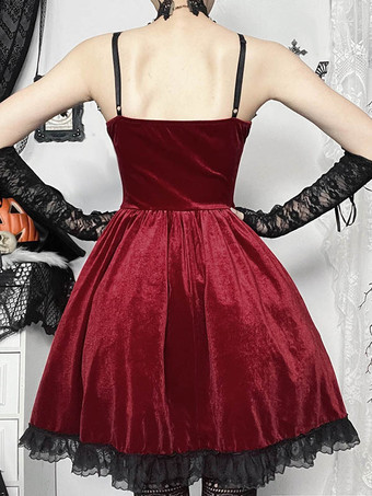 ハロウィン レディース ゴシックドレス バーガンディ レース フリル チェーン ゴシック ベロア チュニック ショートドレス