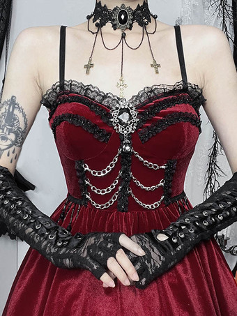 ハロウィン レディース ゴシックドレス バーガンディ レース フリル チェーン ゴシック ベロア チュニック ショートドレス