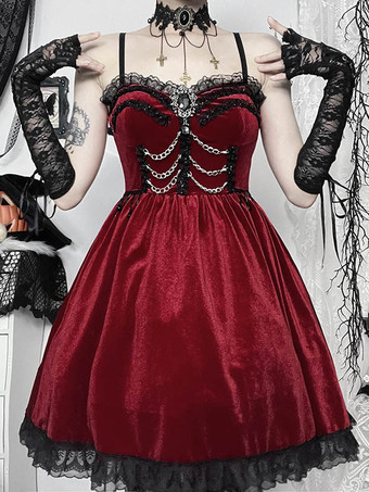 ハロウィン レディース ゴシックドレス バーガンディ レース フリル チェーン ゴシック ベロア チュニック ショートドレス