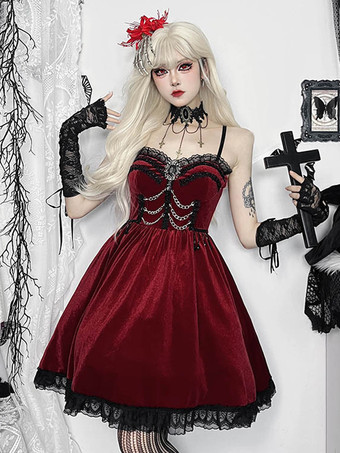 ハロウィン レディース ゴシックドレス バーガンディ レース フリル チェーン ゴシック ベロア チュニック ショートドレス