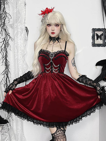 ワインレッド ハロウィン レディース ゴシックドレス バーガンディ レース フリル チェーン ゴシック ベロア チュニック ショートドレス
