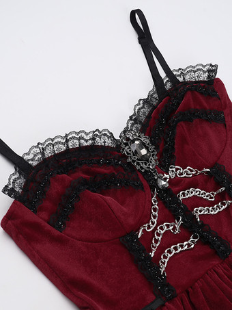 ハロウィン レディース ゴシックドレス バーガンディ レース フリル チェーン ゴシック ベロア チュニック ショートドレス