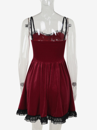 ハロウィン レディース ゴシックドレス バーガンディ レース フリル チェーン ゴシック ベロア チュニック ショートドレス