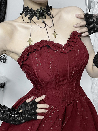 ハロウィン レディース ゴシック ドレス バーガンディ スウィートハート フリル セクシー ポリエステル チュニック ショートドレス