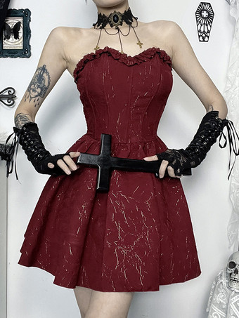 ハロウィン レディース ゴシック ドレス バーガンディ スウィートハート フリル セクシー ポリエステル チュニック ショートドレス