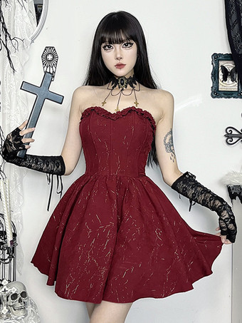 ワインレッド ハロウィン レディース ゴシック ドレス バーガンディ スウィートハート フリル セクシー ポリエステル チュニック ショートドレス