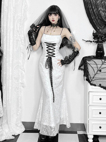 ハロウィン レディース ゴシック ドレス ホワイト マーメイド トランペット フロント バンデージ ゴシック ドレス