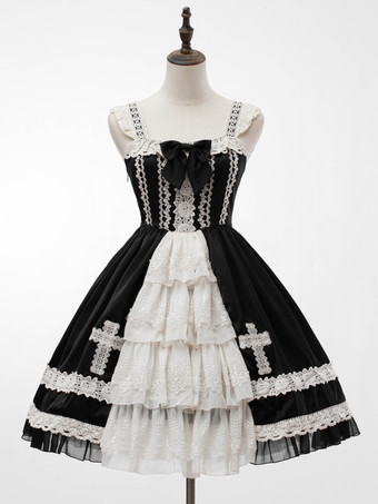 Lolitashow JSK Klassisches Lolita-Kleid mit Rüschen und Schleifen schwarzes Gothic-Lolita-Kleid