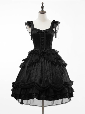 Lolitashow JSK Gothic Lolita Kleid Rüschen Spitze Schwarzes Kleid