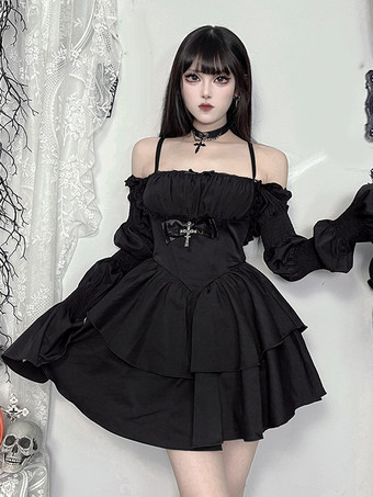 ブラック ハロウィン レディース ゴシック ドレス ブラック フリル ゴシック ポリエステル チュニック ショートドレス