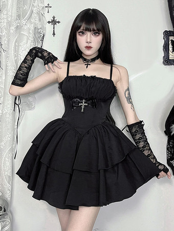ハロウィン レディース ゴシック ドレス ブラック フリル ゴシック ポリエステル チュニック ショートドレス