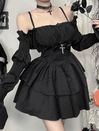 ハロウィン レディース ゴシック ドレス ブラック フリル ゴシック ポリエステル チュニック ショートドレス