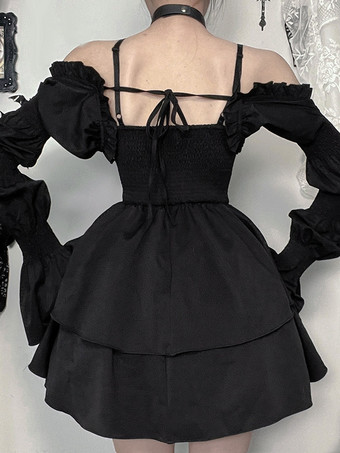 ハロウィン レディース ゴシック ドレス ブラック フリル ゴシック ポリエステル チュニック ショートドレス