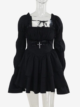 ハロウィン レディース ゴシック ドレス ブラック フリル ゴシック ポリエステル チュニック ショートドレス