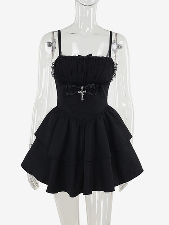 ハロウィン レディース ゴシック ドレス ブラック フリル ゴシック ポリエステル チュニック ショートドレス