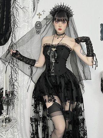 ハロウィン 女性用ゴシック服 ブラック プリーツ リボン フリル ゴシック ポリエステル チュニック レトロ コスチューム