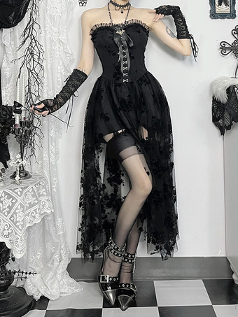 ハロウィン 女性用ゴシック服 ブラック プリーツ リボン フリル ゴシック ポリエステル チュニック レトロ コスチューム