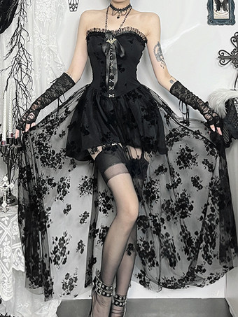 ハロウィン 女性用ゴシック服 ブラック プリーツ リボン フリル ゴシック ポリエステル チュニック レトロ コスチューム