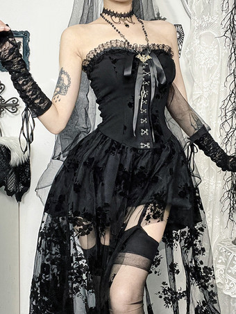 ハロウィン 女性用ゴシック服 ブラック プリーツ リボン フリル ゴシック ポリエステル チュニック レトロ コスチューム