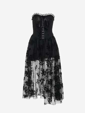 ハロウィン 女性用ゴシック服 ブラック プリーツ リボン フリル ゴシック ポリエステル チュニック レトロ コスチューム