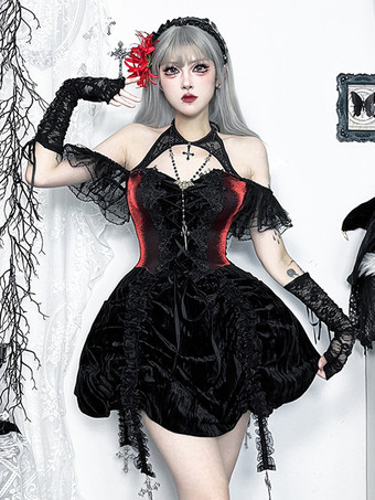 negro Halloween Vestido corto gótico de poliéster con encaje y túnica negra para mujer