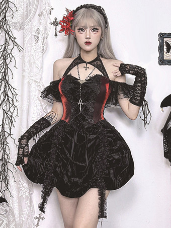 Halloween Vestido corto gótico de poliéster con encaje y túnica negra para mujer