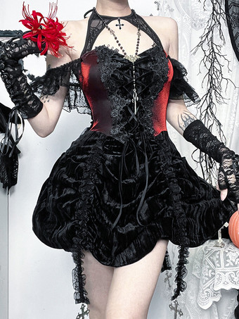 Halloween Vestido corto gótico de poliéster con encaje y túnica negra para mujer