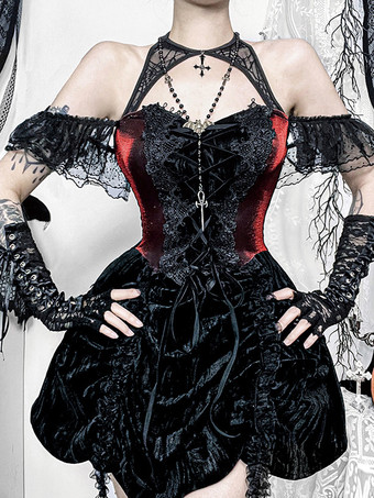 Halloween Vestido corto gótico de poliéster con encaje y túnica negra para mujer