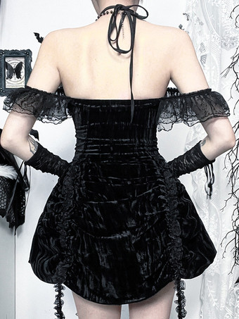 Halloween Vestido corto gótico de poliéster con encaje y túnica negra para mujer