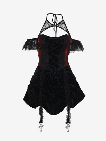 Halloween Vestido corto gótico de poliéster con encaje y túnica negra para mujer