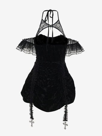 Halloween Vestido corto gótico de poliéster con encaje y túnica negra para mujer