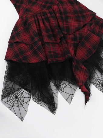 ハロウィン レディース ゴシック ドレス バーガンディ グロメット レース フリル パンク ポリエステル チュニック ドレス