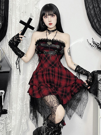 ハロウィン レディース ゴシック ドレス バーガンディ グロメット レース フリル パンク ポリエステル チュニック ドレス