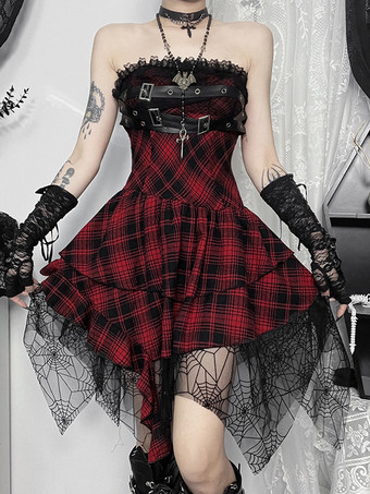 ハロウィン レディース ゴシック ドレス バーガンディ グロメット レース フリル パンク ポリエステル チュニック ドレス