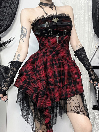 ハロウィン レディース ゴシック ドレス バーガンディ グロメット レース フリル パンク ポリエステル チュニック ドレス