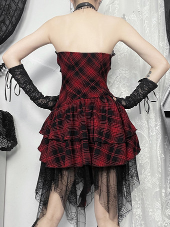 ハロウィン レディース ゴシック ドレス バーガンディ グロメット レース フリル パンク ポリエステル チュニック ドレス