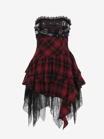 ハロウィン レディース ゴシック ドレス バーガンディ グロメット レース フリル パンク ポリエステル チュニック ドレス