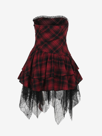 ハロウィン レディース ゴシック ドレス バーガンディ グロメット レース フリル パンク ポリエステル チュニック ドレス