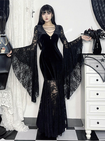 ハロウィン レディース ゴシック ドレス ブラック チェーン レース ゴシック ベロア チュニック ロングドレス