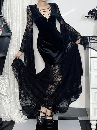 ハロウィン レディース ゴシック ドレス ブラック チェーン レース ゴシック ベロア チュニック ロングドレス