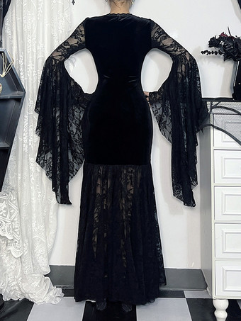 ハロウィン レディース ゴシック ドレス ブラック チェーン レース ゴシック ベロア チュニック ロングドレス