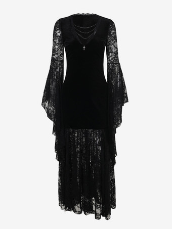 ハロウィン レディース ゴシック ドレス ブラック チェーン レース ゴシック ベロア チュニック ロングドレス