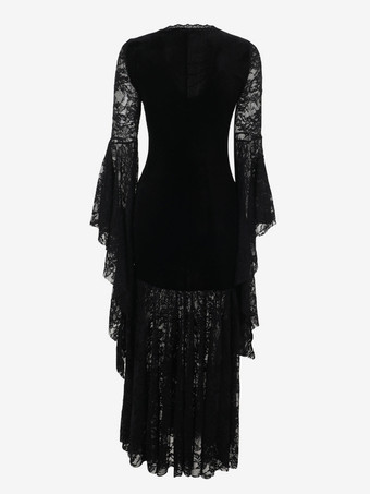 ハロウィン レディース ゴシック ドレス ブラック チェーン レース ゴシック ベロア チュニック ロングドレス