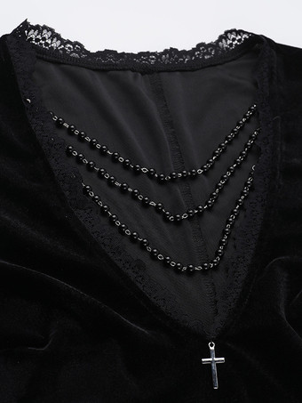 ハロウィン レディース ゴシック ドレス ブラック チェーン レース ゴシック ベロア チュニック ロングドレス