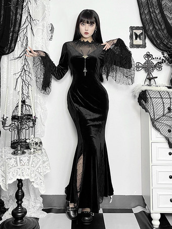 ブラック ハロウィン レディース ゴシック 服 ブラック レース 長袖 ハイスリット ゴシック ベロア チュニック ロングドレス