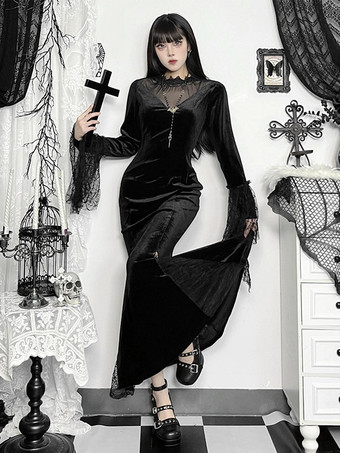 ハロウィン レディース ゴシック 服 ブラック レース 長袖 ハイスリット ゴシック ベロア チュニック ロングドレス
