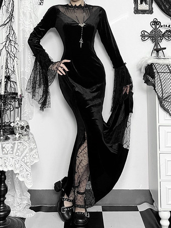 ハロウィン レディース ゴシック 服 ブラック レース 長袖 ハイスリット ゴシック ベロア チュニック ロングドレス