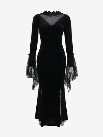 ハロウィン レディース ゴシック 服 ブラック レース 長袖 ハイスリット ゴシック ベロア チュニック ロングドレス