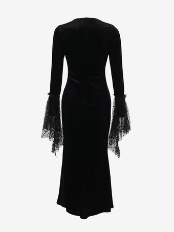 ハロウィン レディース ゴシック 服 ブラック レース 長袖 ハイスリット ゴシック ベロア チュニック ロングドレス