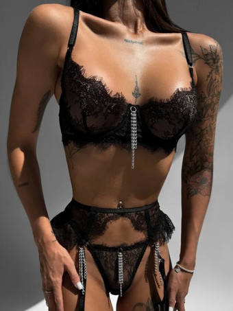ブラック セクシーランジェリー 3ピース レース ブラック 大人用 ブラ パンティ セット